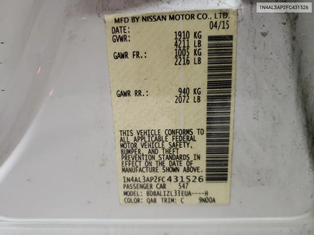 1N4AL3AP2FC431526 2015 Nissan Altima 2.5