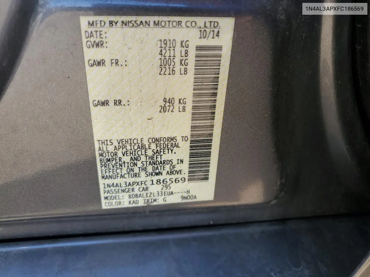 1N4AL3APXFC186569 2015 Nissan Altima 2.5