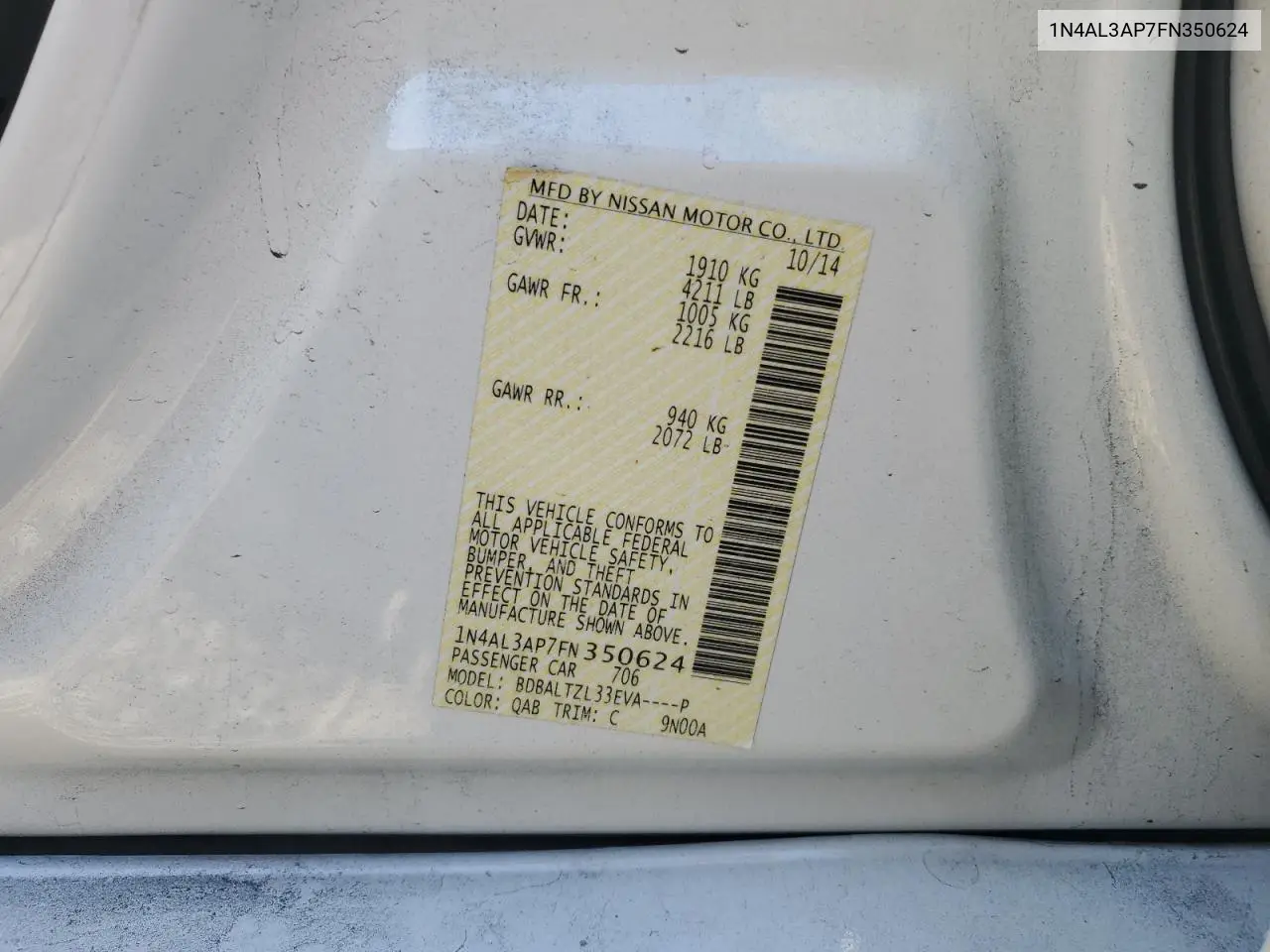 1N4AL3AP7FN350624 2015 Nissan Altima 2.5