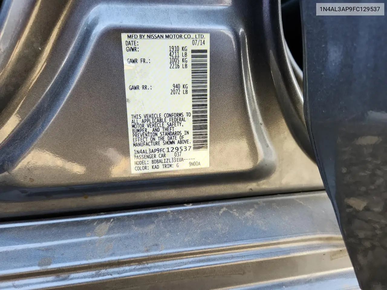 1N4AL3AP9FC129537 2015 Nissan Altima 2.5
