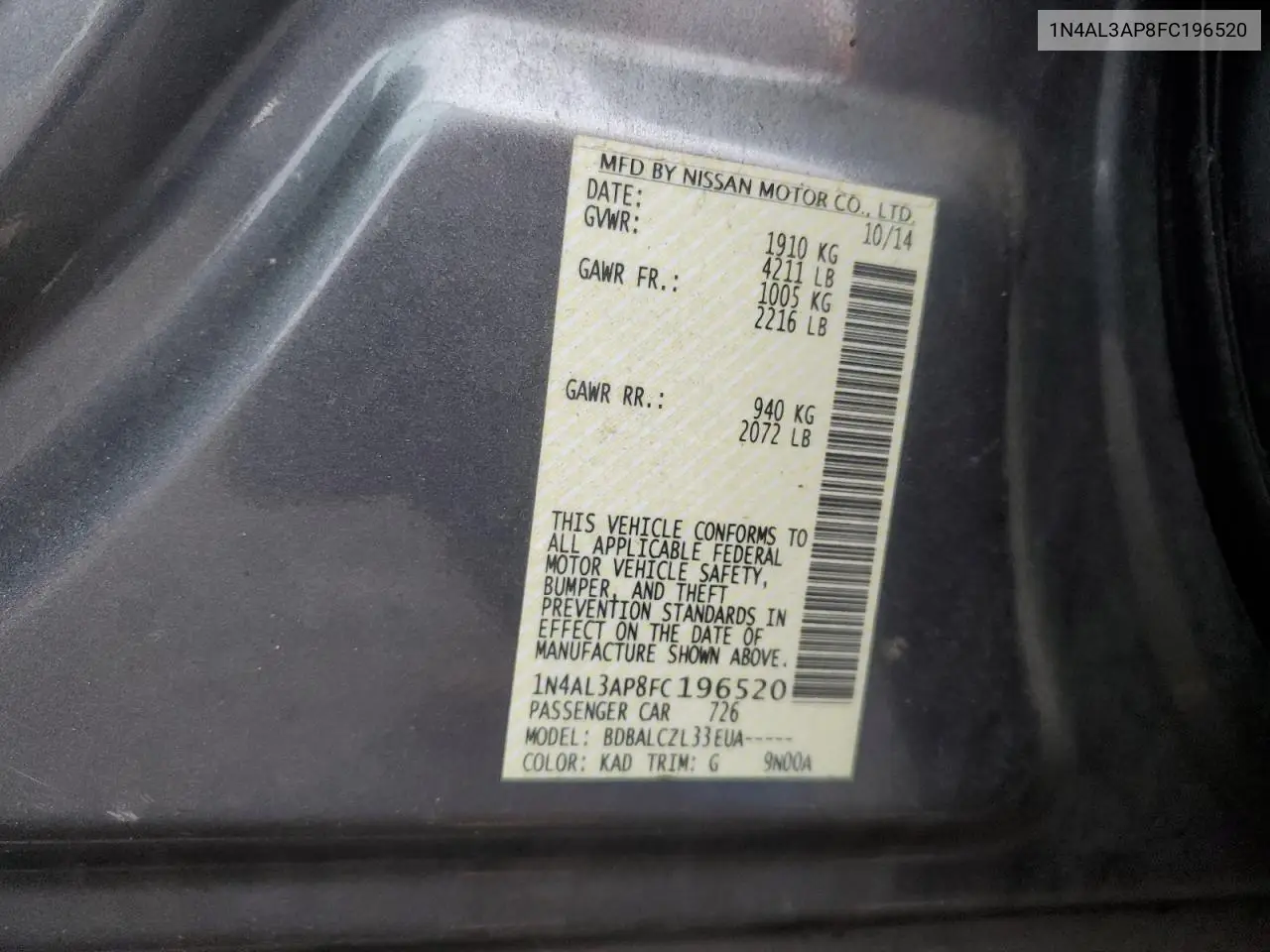 1N4AL3AP8FC196520 2015 Nissan Altima 2.5
