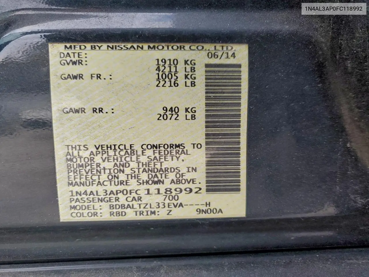 1N4AL3AP0FC118992 2015 Nissan Altima 2.5