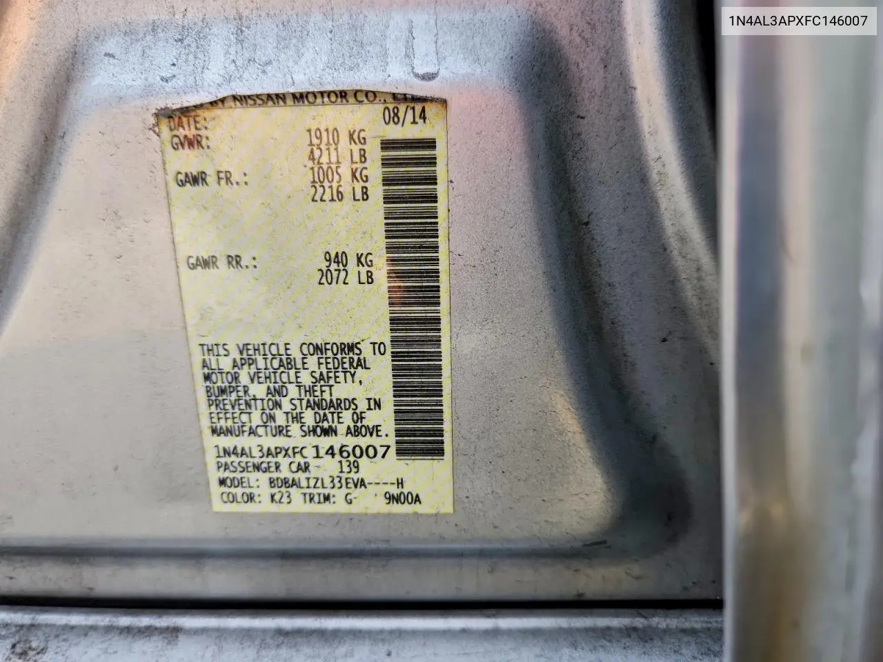 1N4AL3APXFC146007 2015 Nissan Altima 2.5