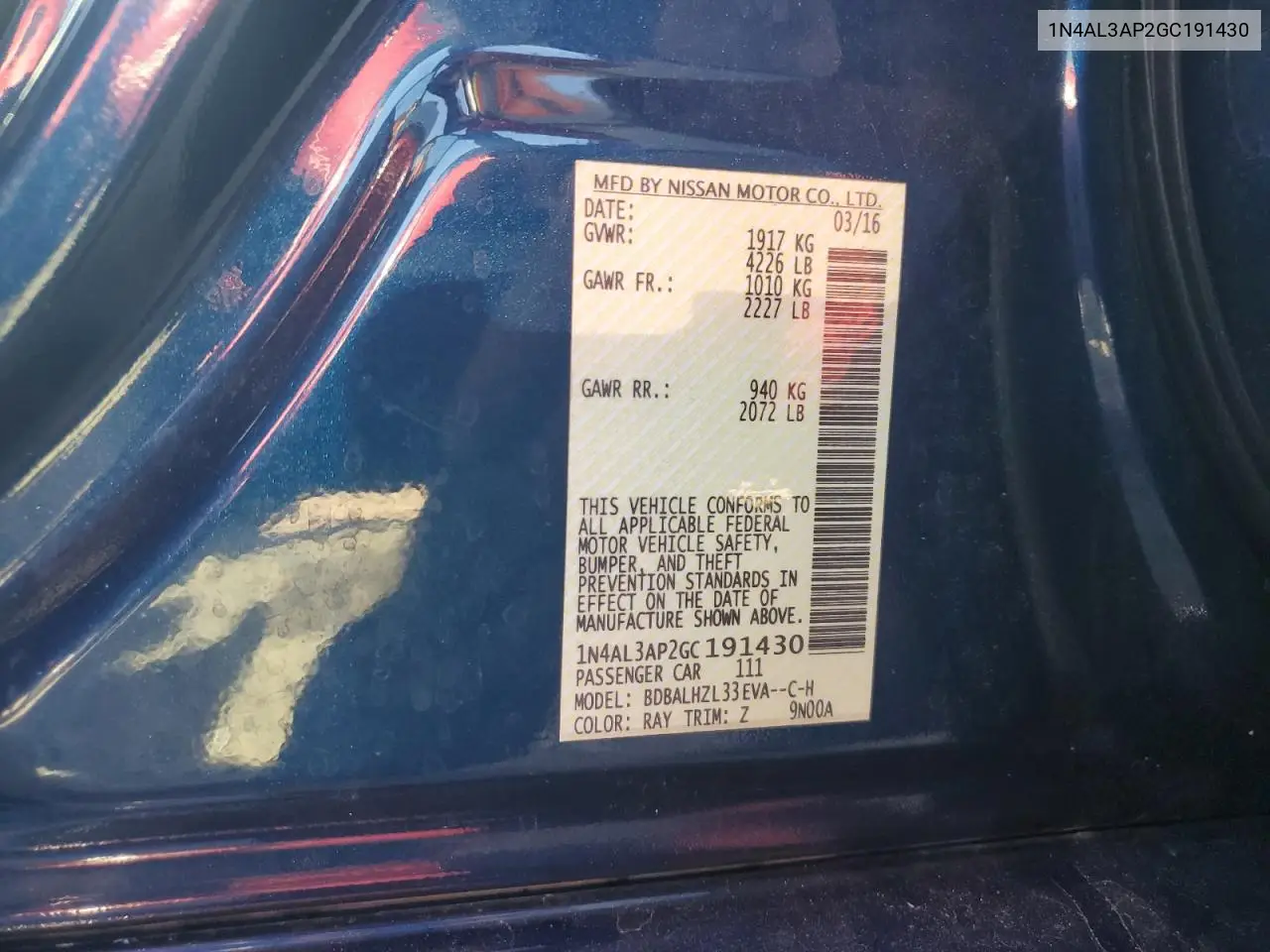 1N4AL3AP2GC191430 2016 Nissan Altima 2.5