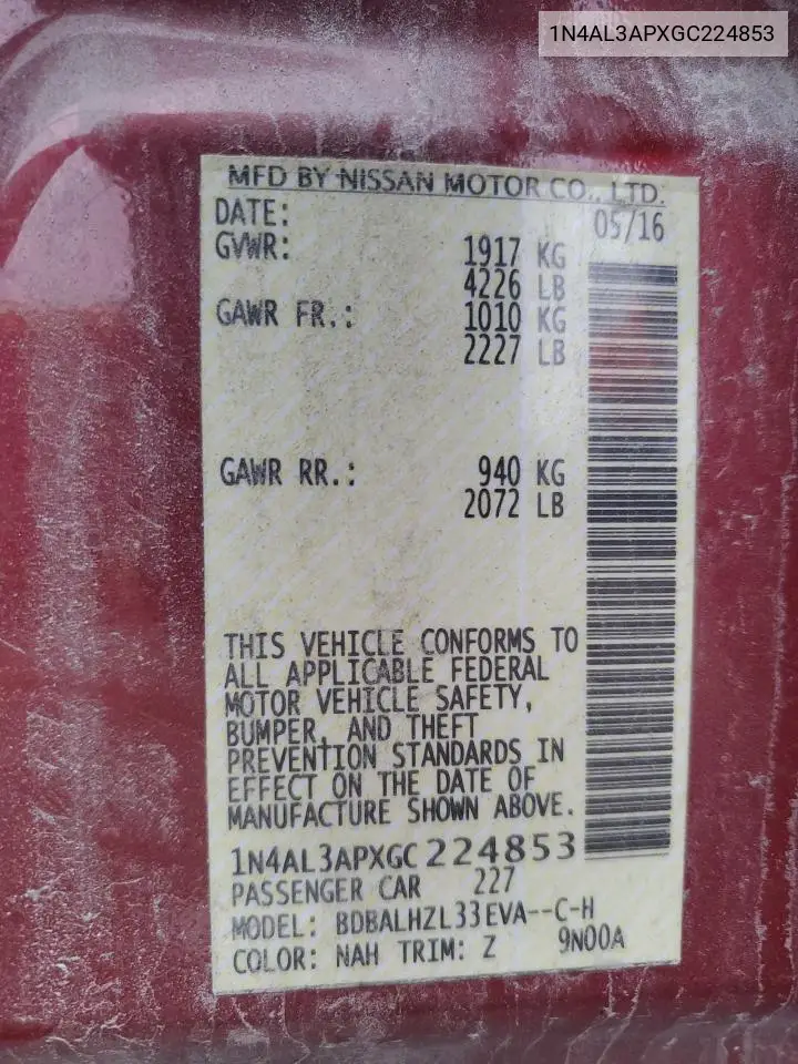 1N4AL3APXGC224853 2016 Nissan Altima 2.5