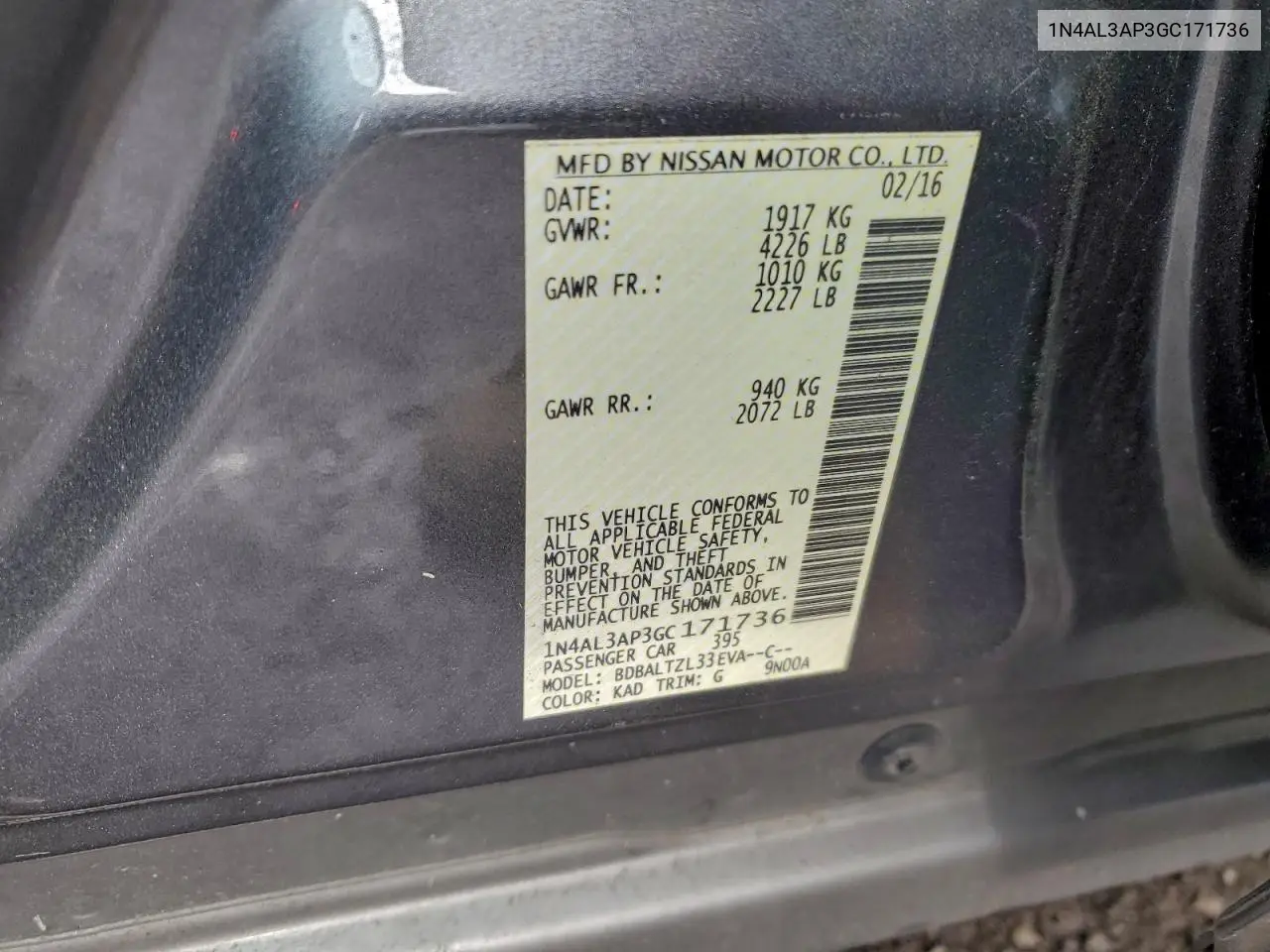 1N4AL3AP3GC171736 2016 Nissan Altima 2.5