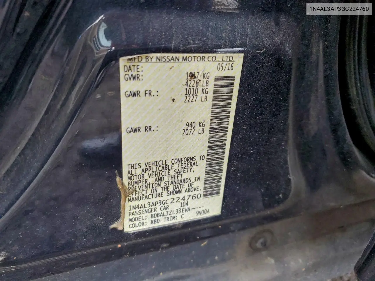 1N4AL3AP3GC224760 2016 Nissan Altima 2.5