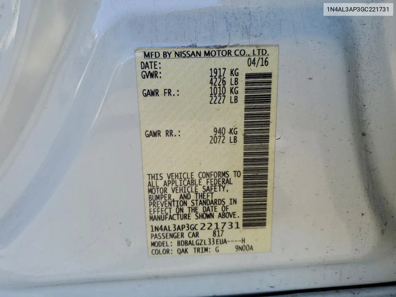 1N4AL3AP3GC221731 2016 Nissan Altima 2.5