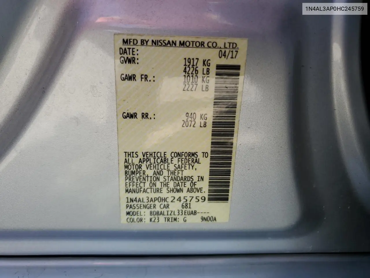 1N4AL3AP0HC245759 2017 Nissan Altima 2.5