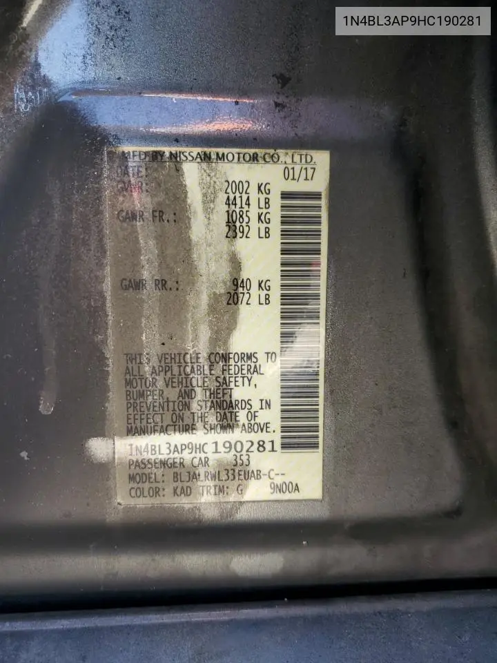 1N4BL3AP9HC190281 2017 Nissan Altima 3.5Sl