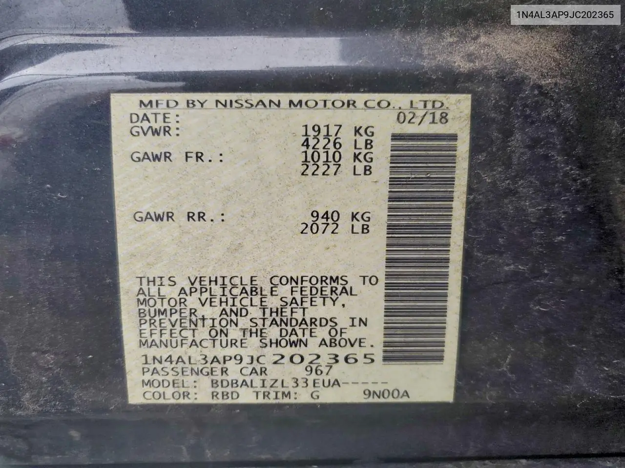 1N4AL3AP9JC202365 2018 Nissan Altima 2.5