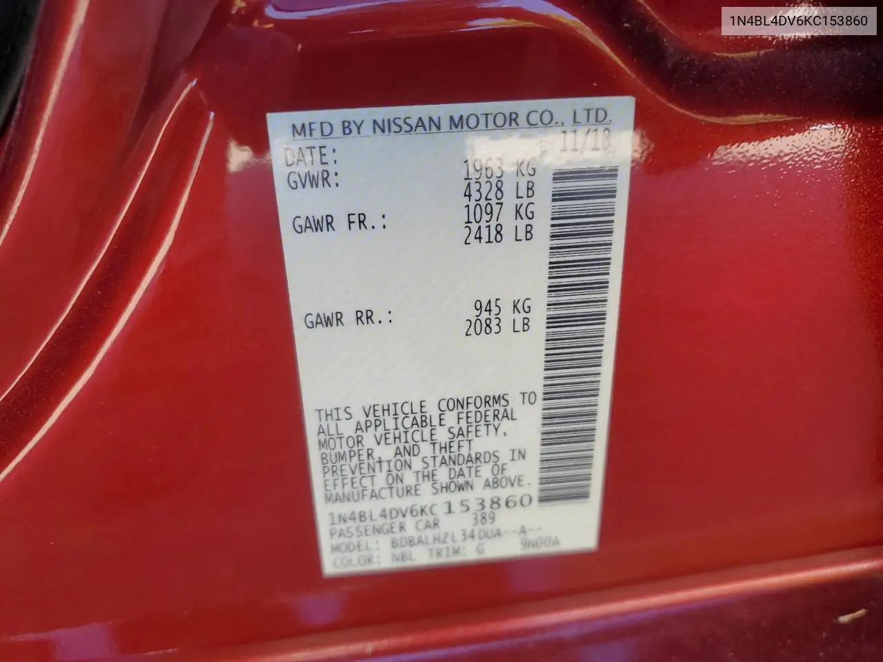 1N4BL4DV6KC153860 2019 Nissan Altima Sv