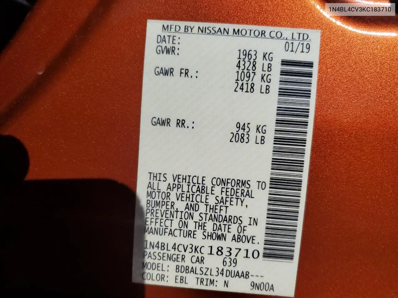 1N4BL4CV3KC183710 2019 Nissan Altima Sr
