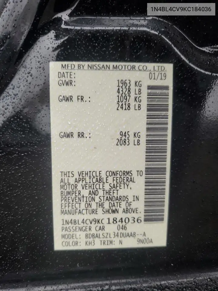 1N4BL4CV9KC184036 2019 Nissan Altima Sr