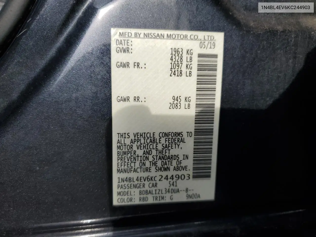 1N4BL4EV6KC244903 2019 Nissan Altima Sl
