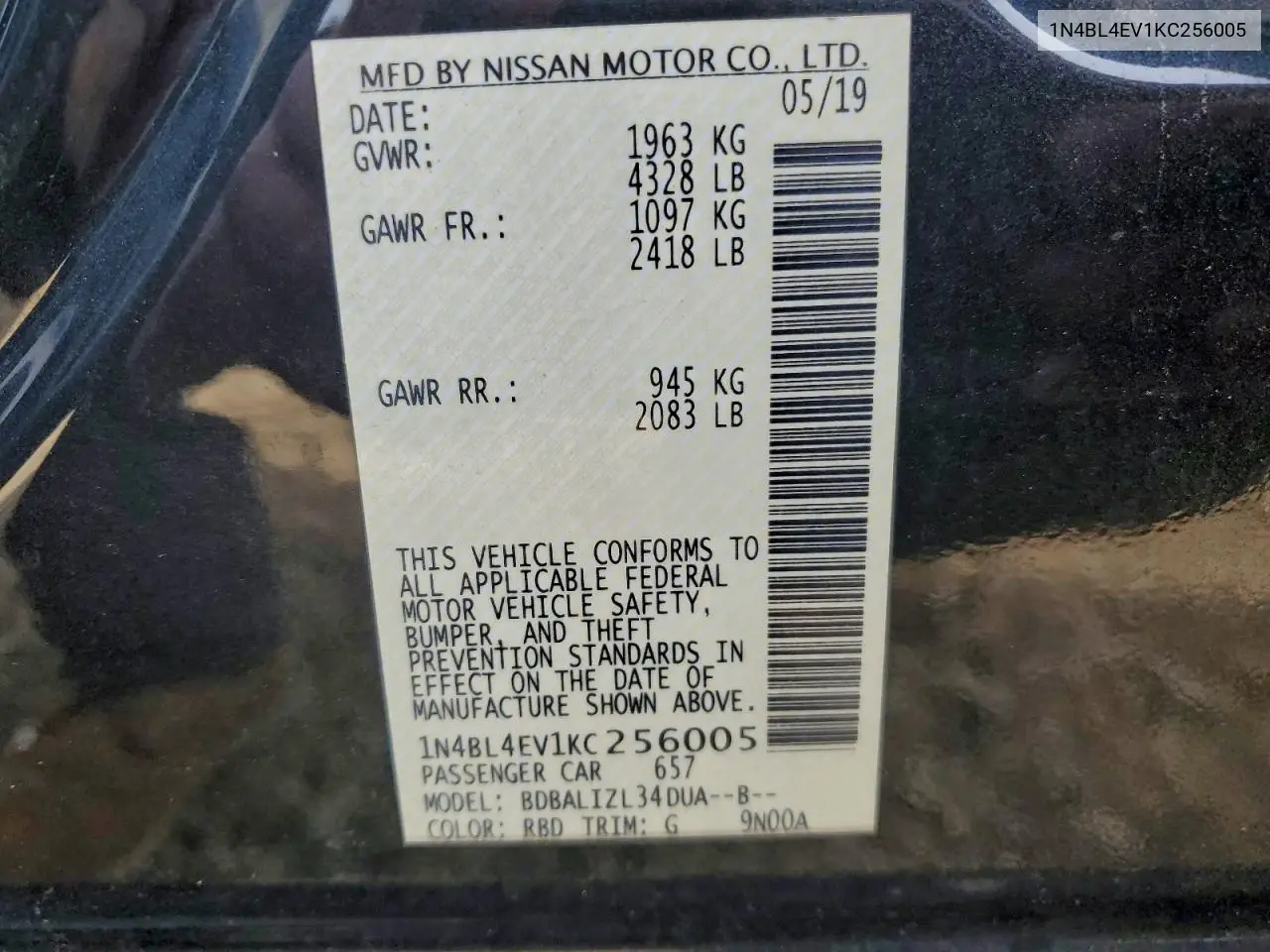 1N4BL4EV1KC256005 2019 Nissan Altima Sl