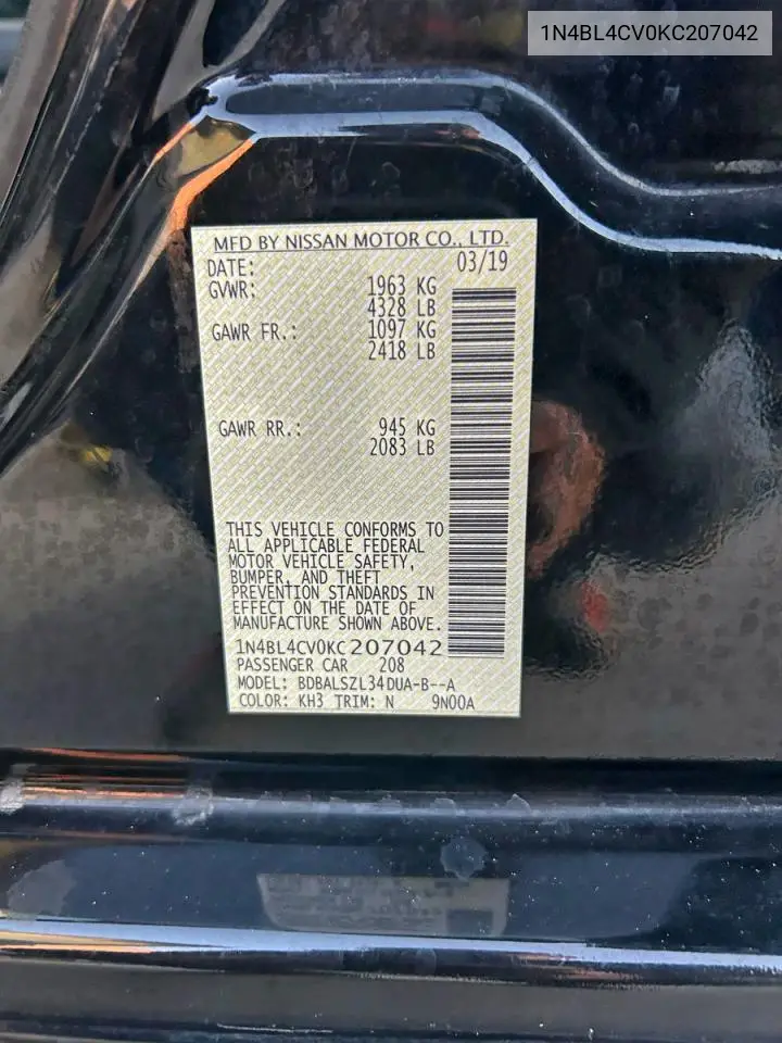 1N4BL4CV0KC207042 2019 Nissan Altima Sr