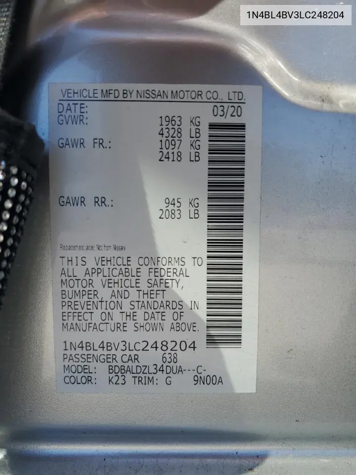 1N4BL4BV3LC248204 2020 Nissan Altima S