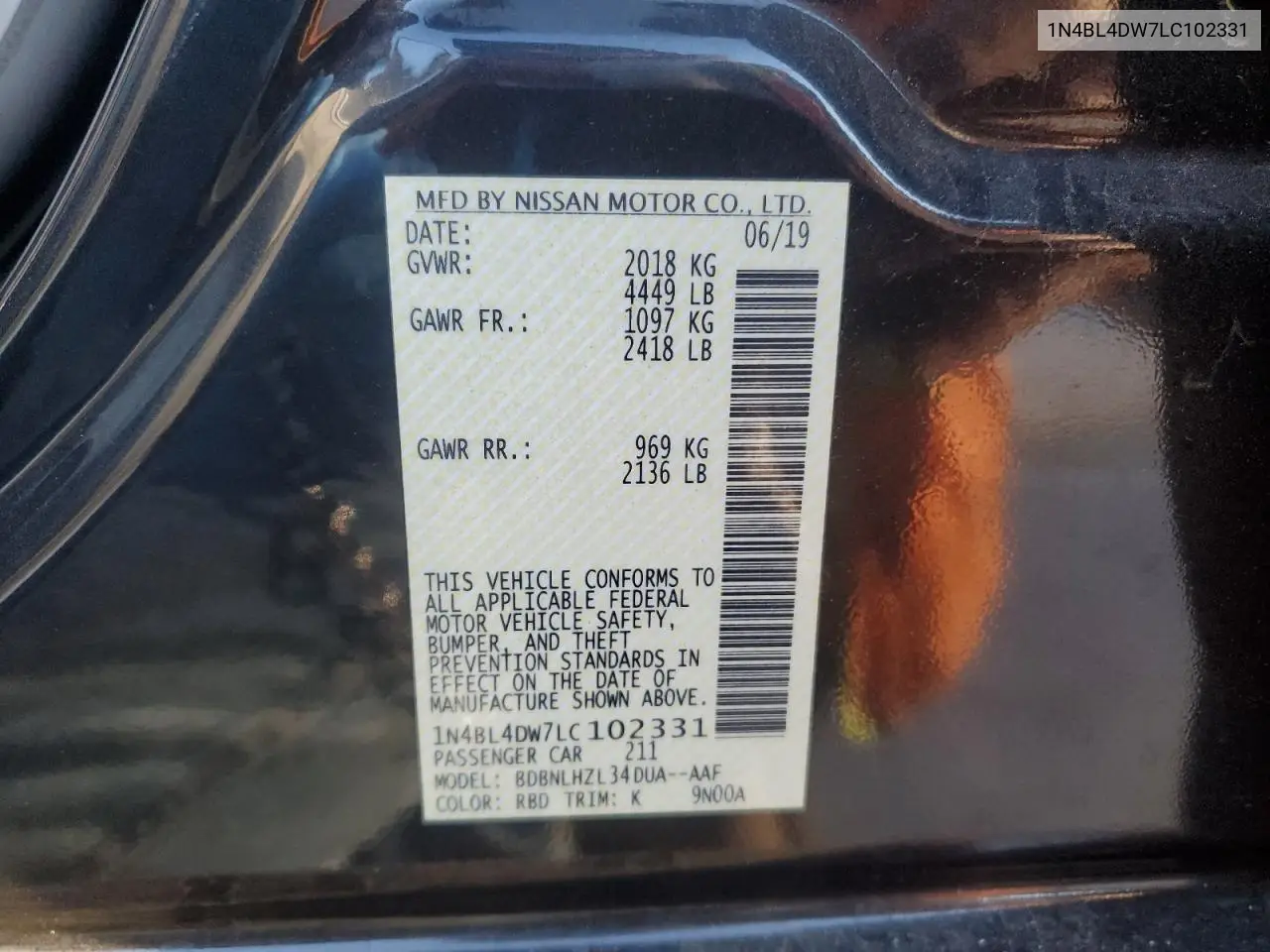 1N4BL4DW7LC102331 2020 Nissan Altima Sv