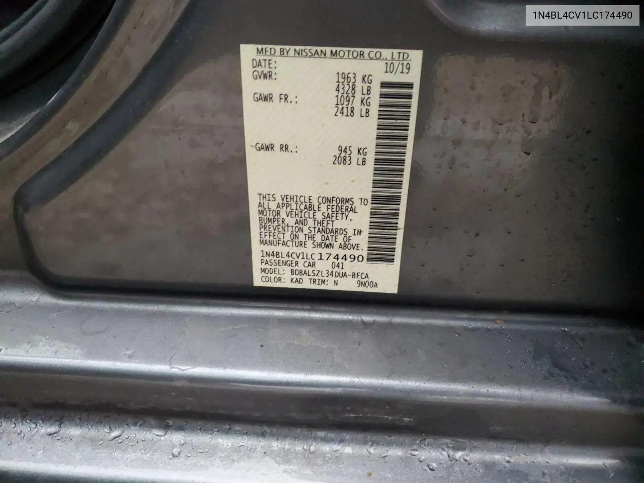 1N4BL4CV1LC174490 2020 Nissan Altima Sr