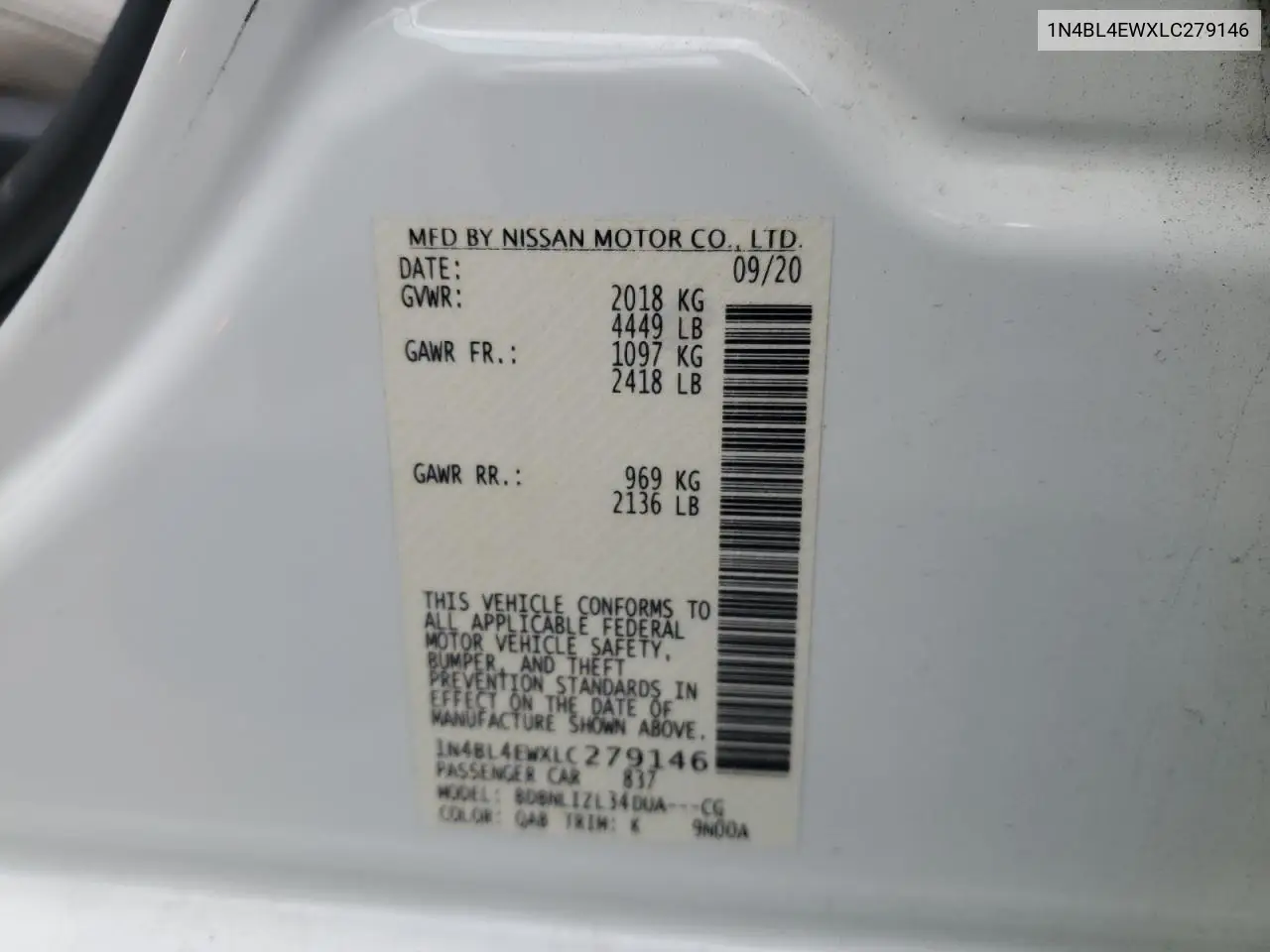 1N4BL4EWXLC279146 2020 Nissan Altima Sl