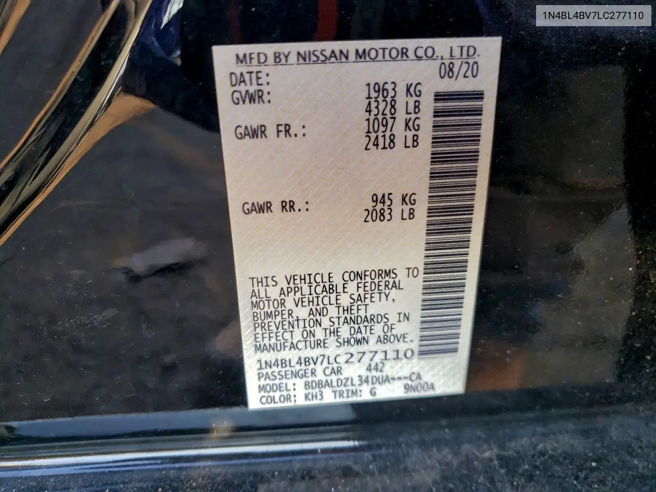 1N4BL4BV7LC277110 2020 Nissan Altima S