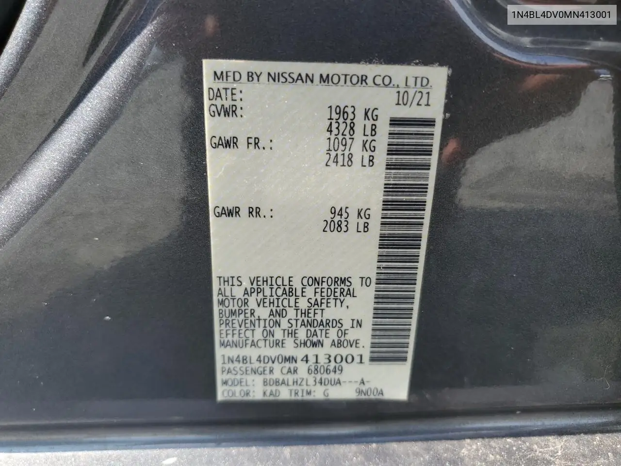 1N4BL4DV0MN413001 2021 Nissan Altima Sv