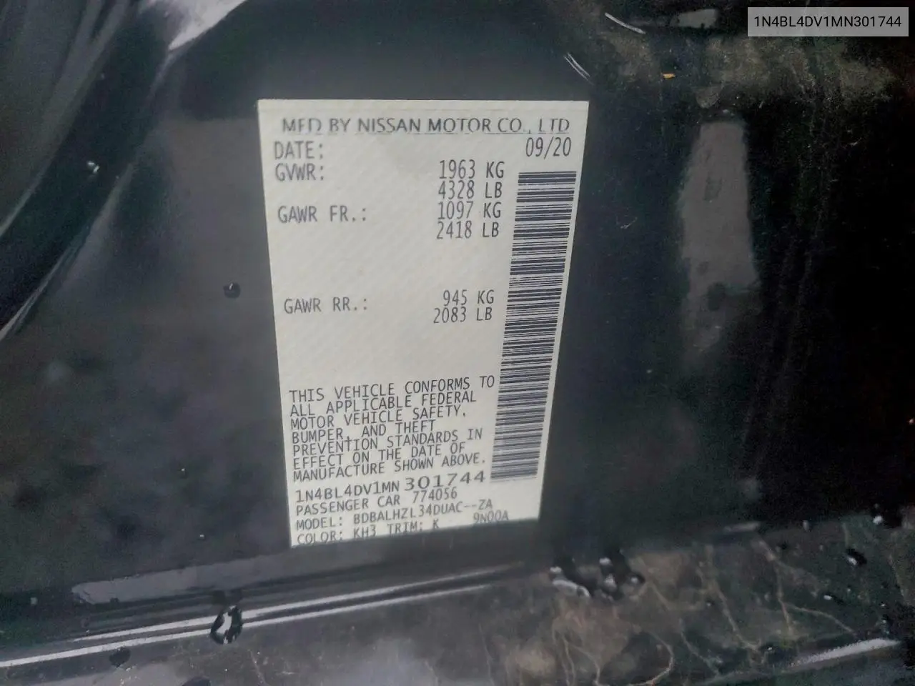 1N4BL4DV1MN301744 2021 Nissan Altima Sv
