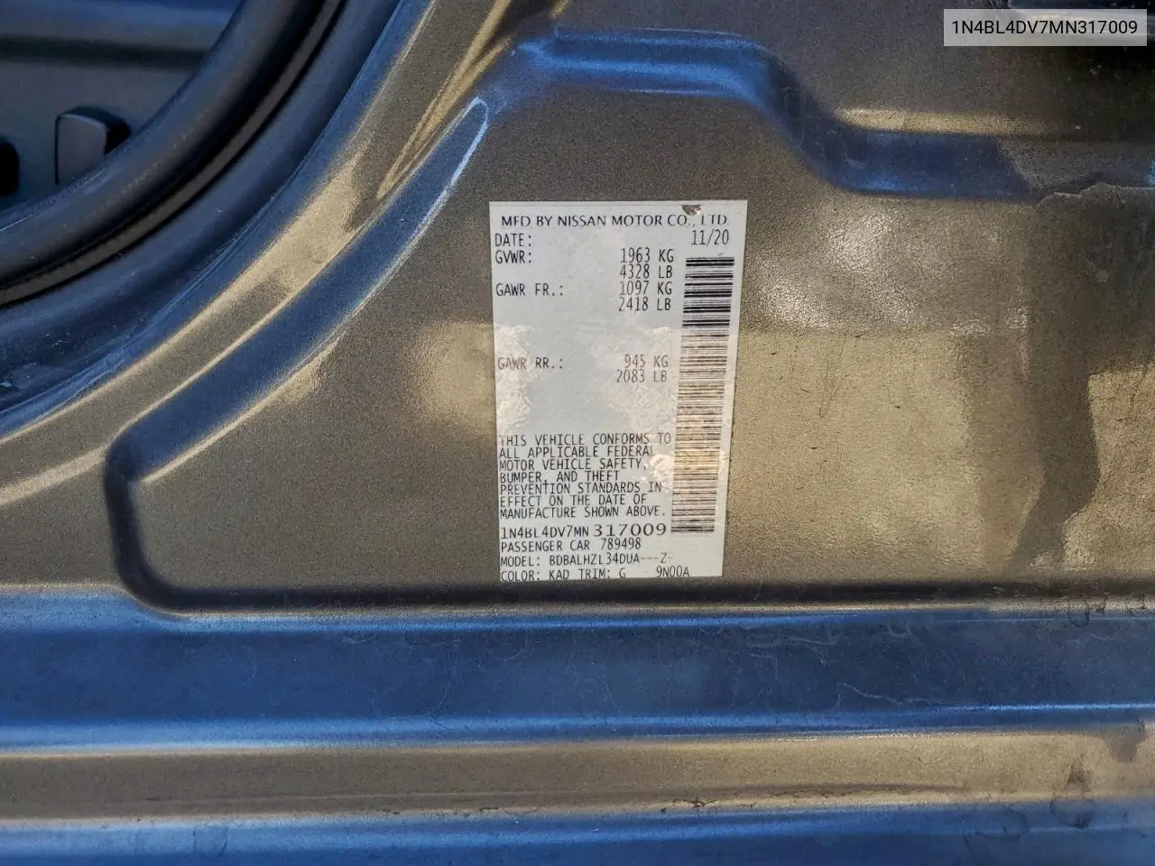 1N4BL4DV7MN317009 2021 Nissan Altima Sv