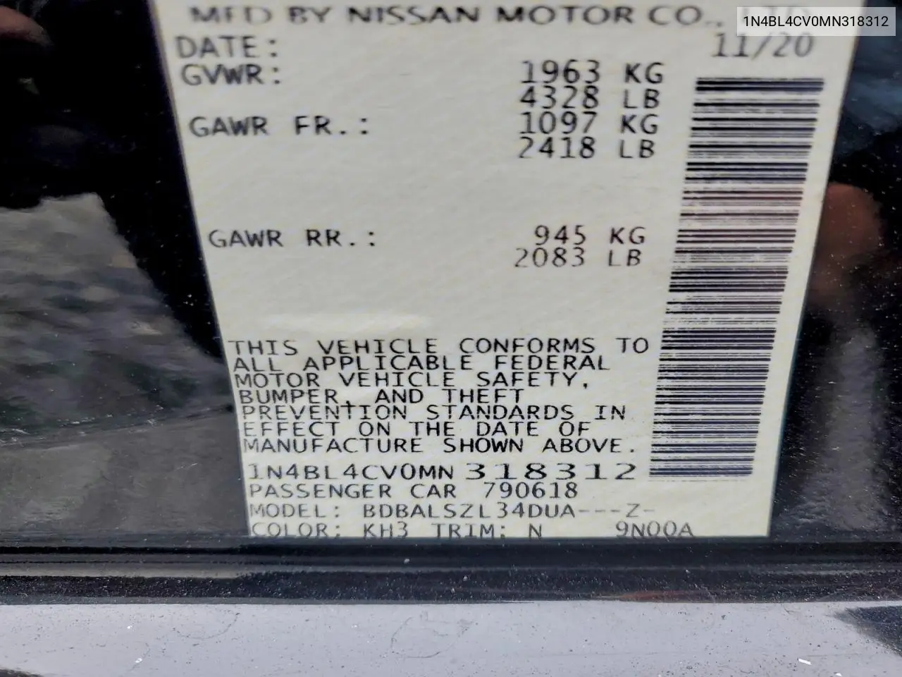 1N4BL4CV0MN318312 2021 Nissan Altima Sr