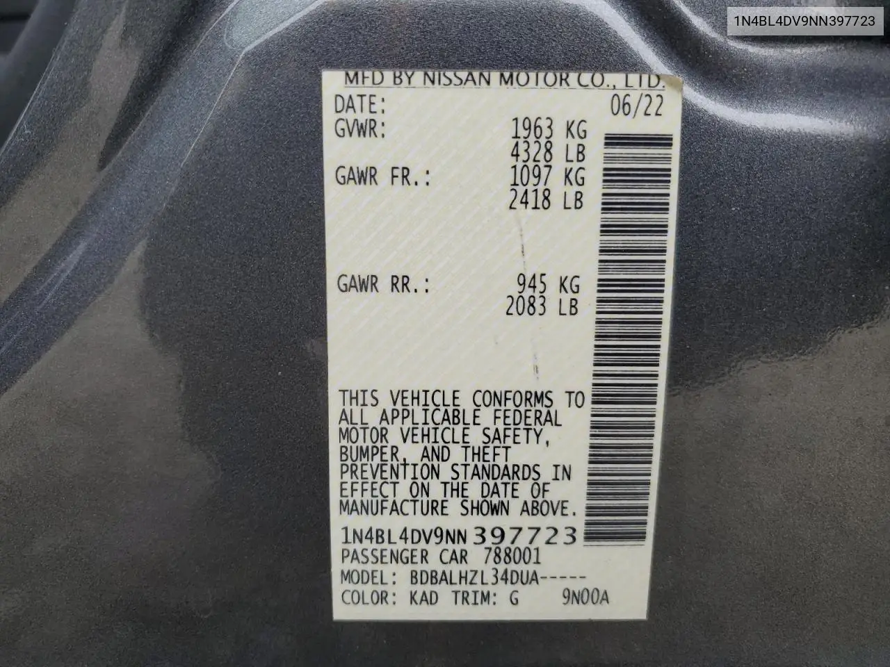 1N4BL4DV9NN397723 2022 Nissan Altima Sv