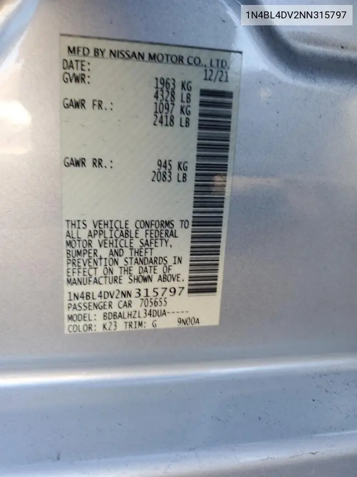 1N4BL4DV2NN315797 2022 Nissan Altima Sv