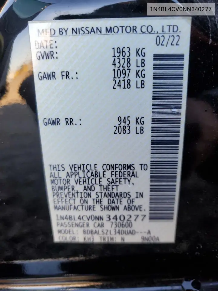 1N4BL4CV0NN340277 2022 Nissan Altima Sr
