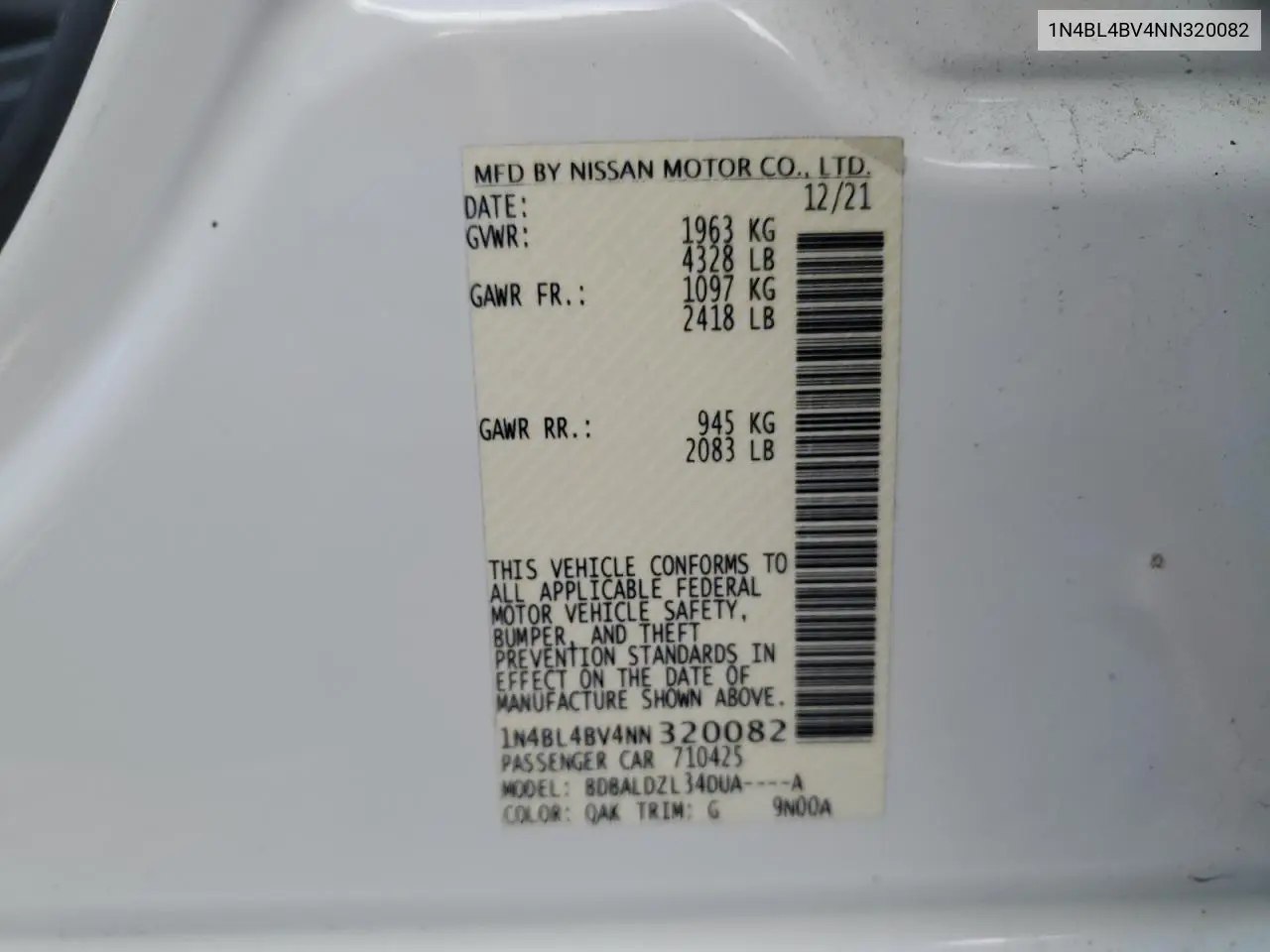 1N4BL4BV4NN320082 2022 Nissan Altima S