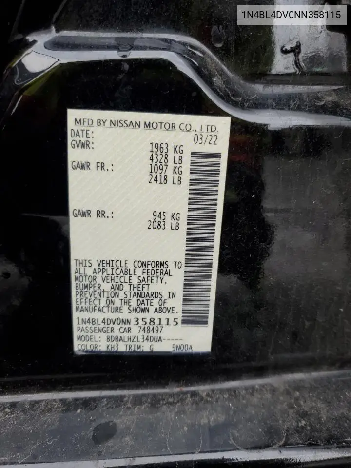1N4BL4DV0NN358115 2022 Nissan Altima Sv