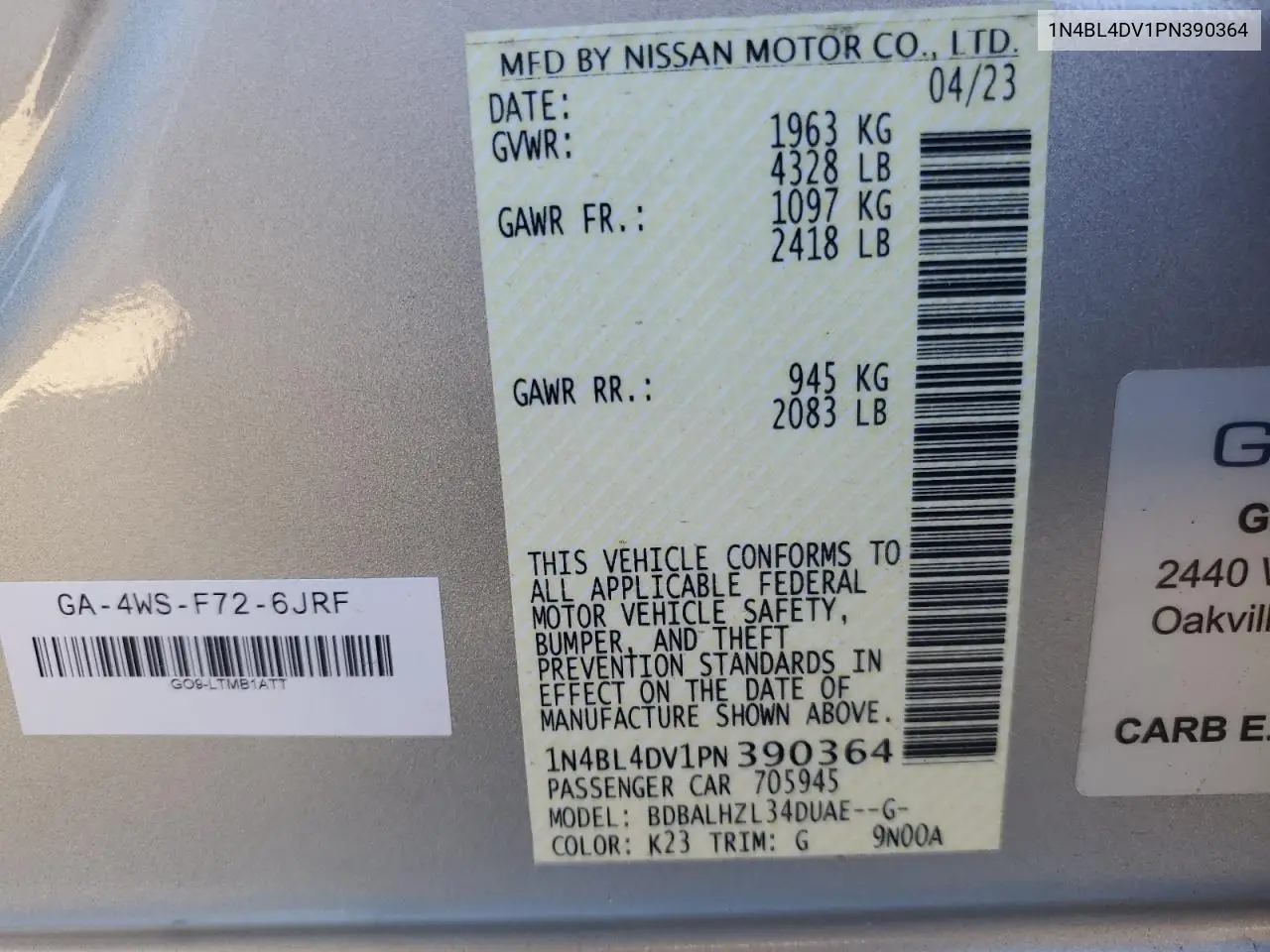 1N4BL4DV1PN390364 2023 Nissan Altima Sv