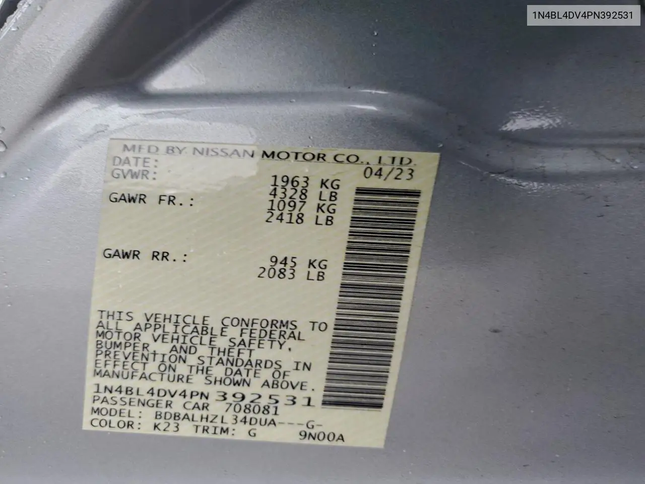 1N4BL4DV4PN392531 2023 Nissan Altima Sv