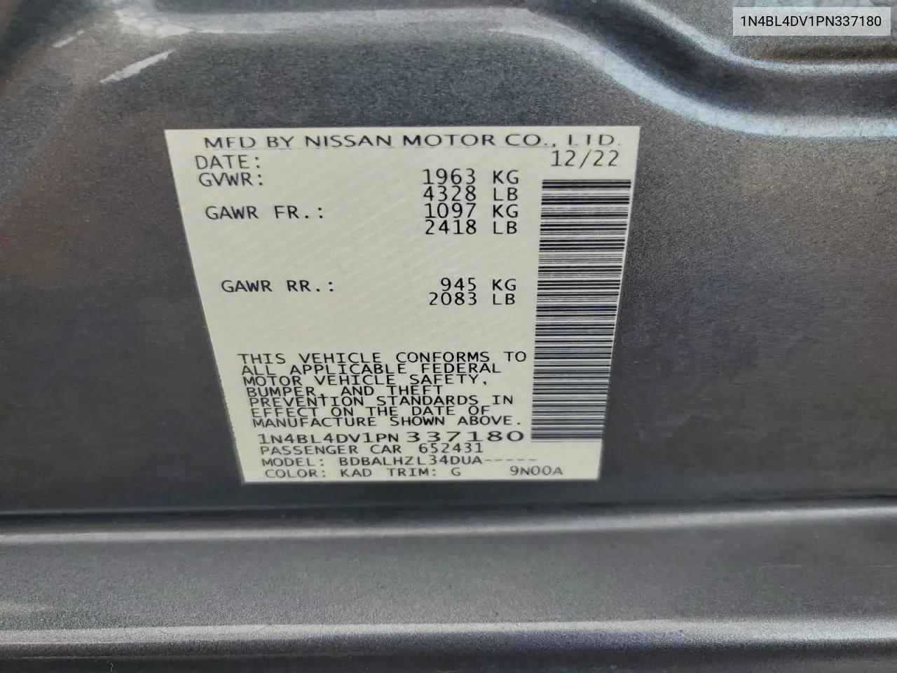 1N4BL4DV1PN337180 2023 Nissan Altima Sv