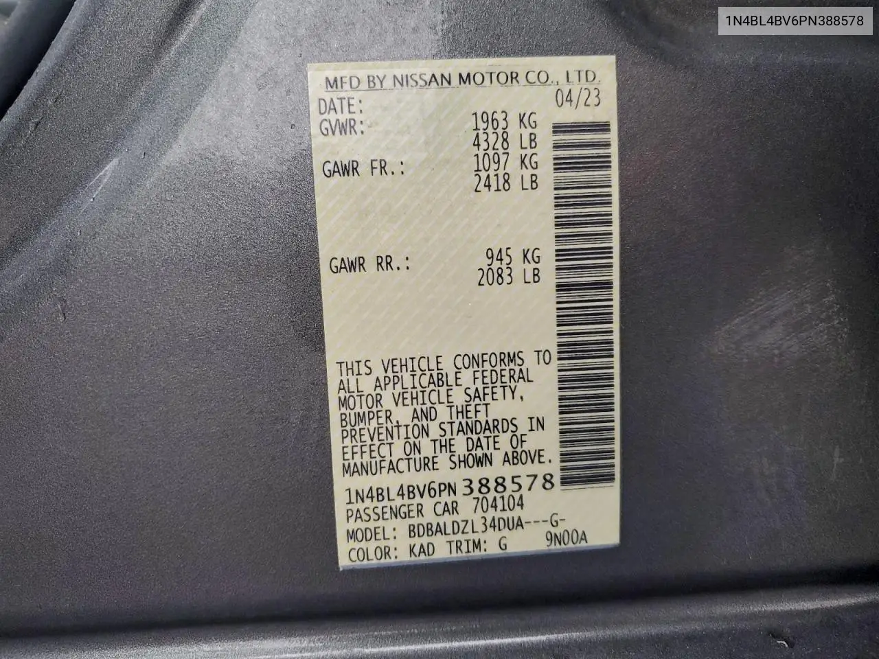1N4BL4BV6PN388578 2023 Nissan Altima S