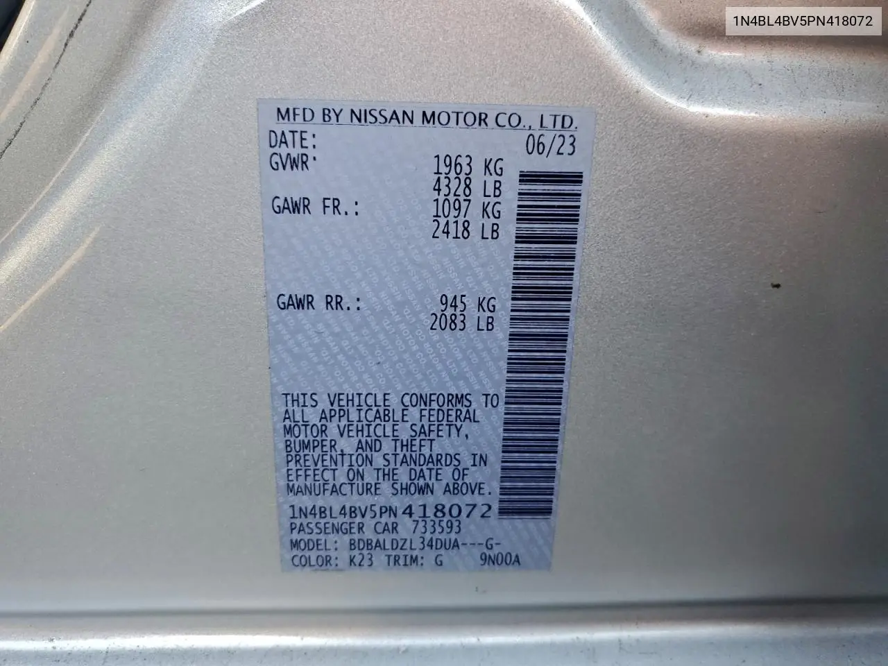 1N4BL4BV5PN418072 2023 Nissan Altima S