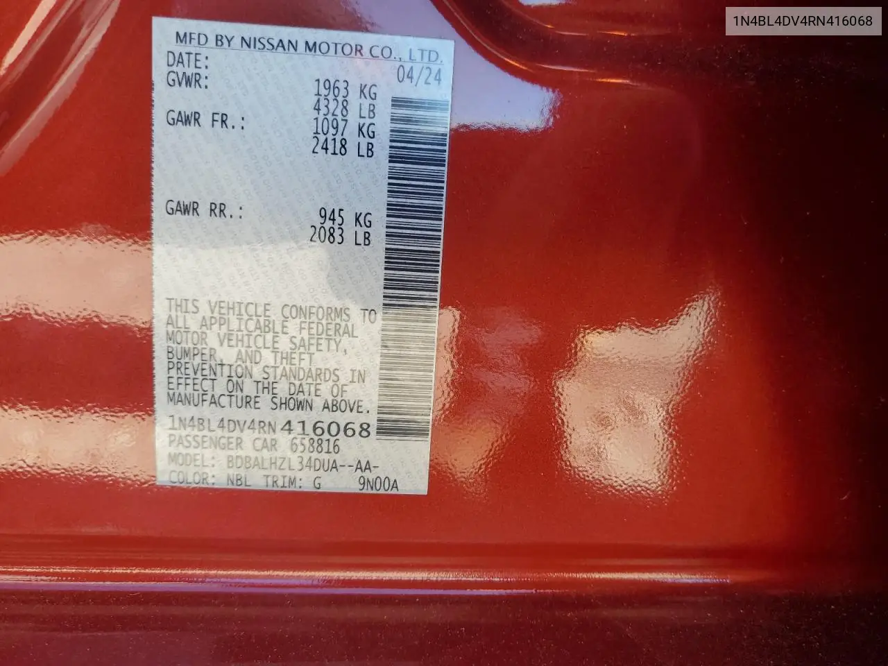 1N4BL4DV4RN416068 2024 Nissan Altima Sv