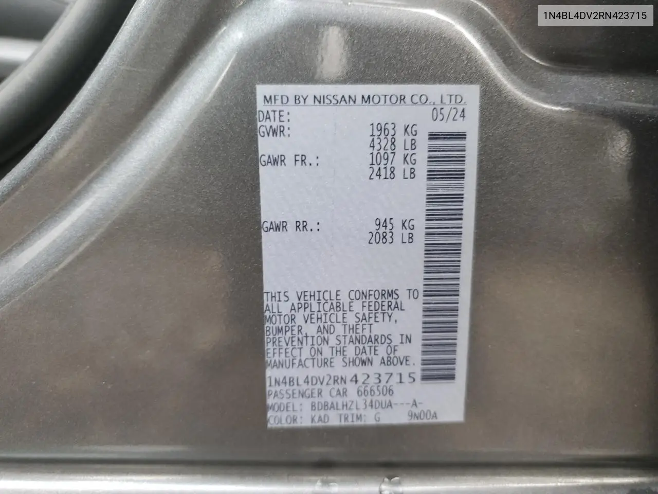 1N4BL4DV2RN423715 2024 Nissan Altima Sv