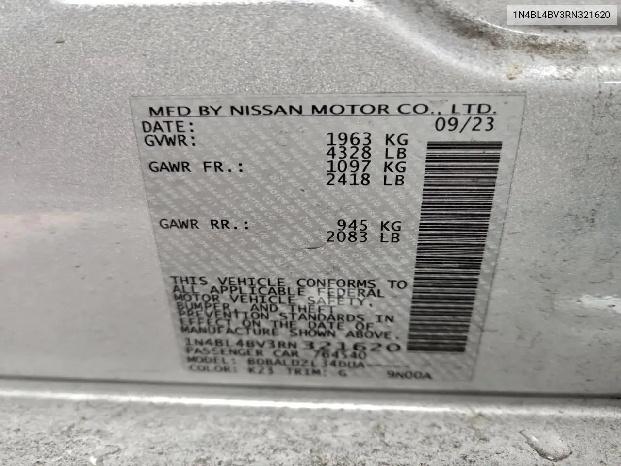 1N4BL4BV3RN321620 2024 Nissan Altima S