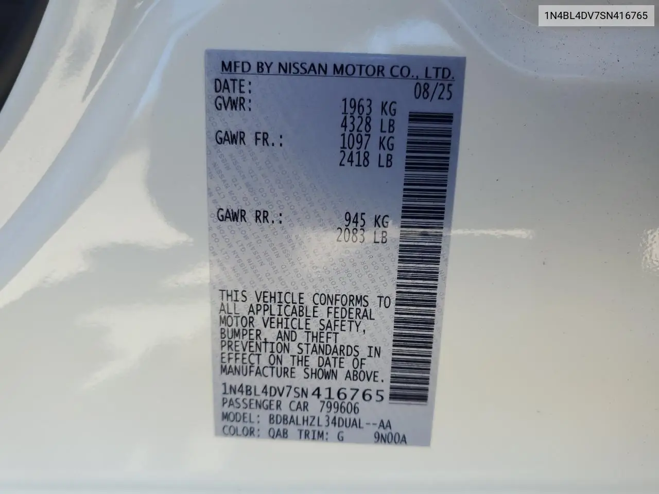 1N4BL4DV7SN416765 2025 Nissan Altima Sv