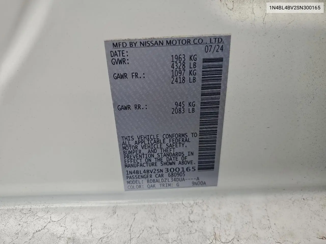 1N4BL4BV2SN300165 2025 Nissan Altima S