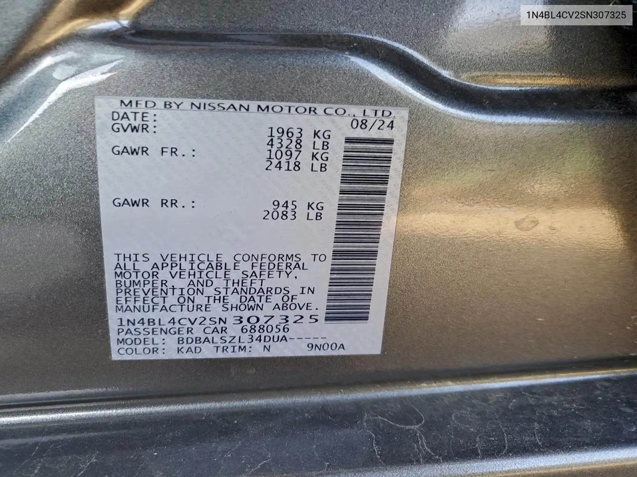 1N4BL4CV2SN307325 2025 Nissan Altima Sr