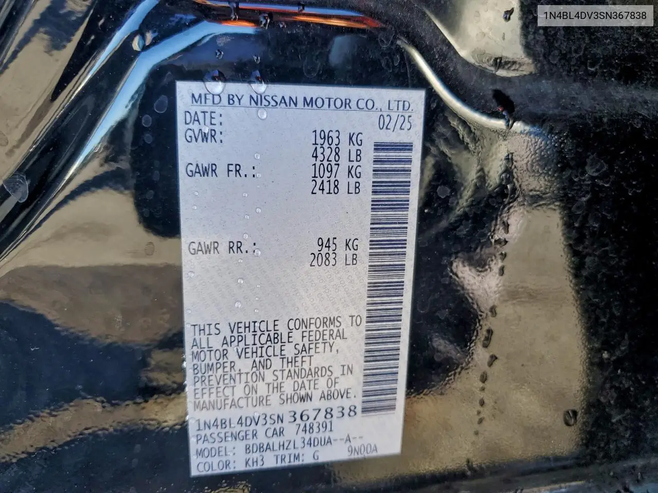 1N4BL4DV3SN367838 2025 Nissan Altima Sv
