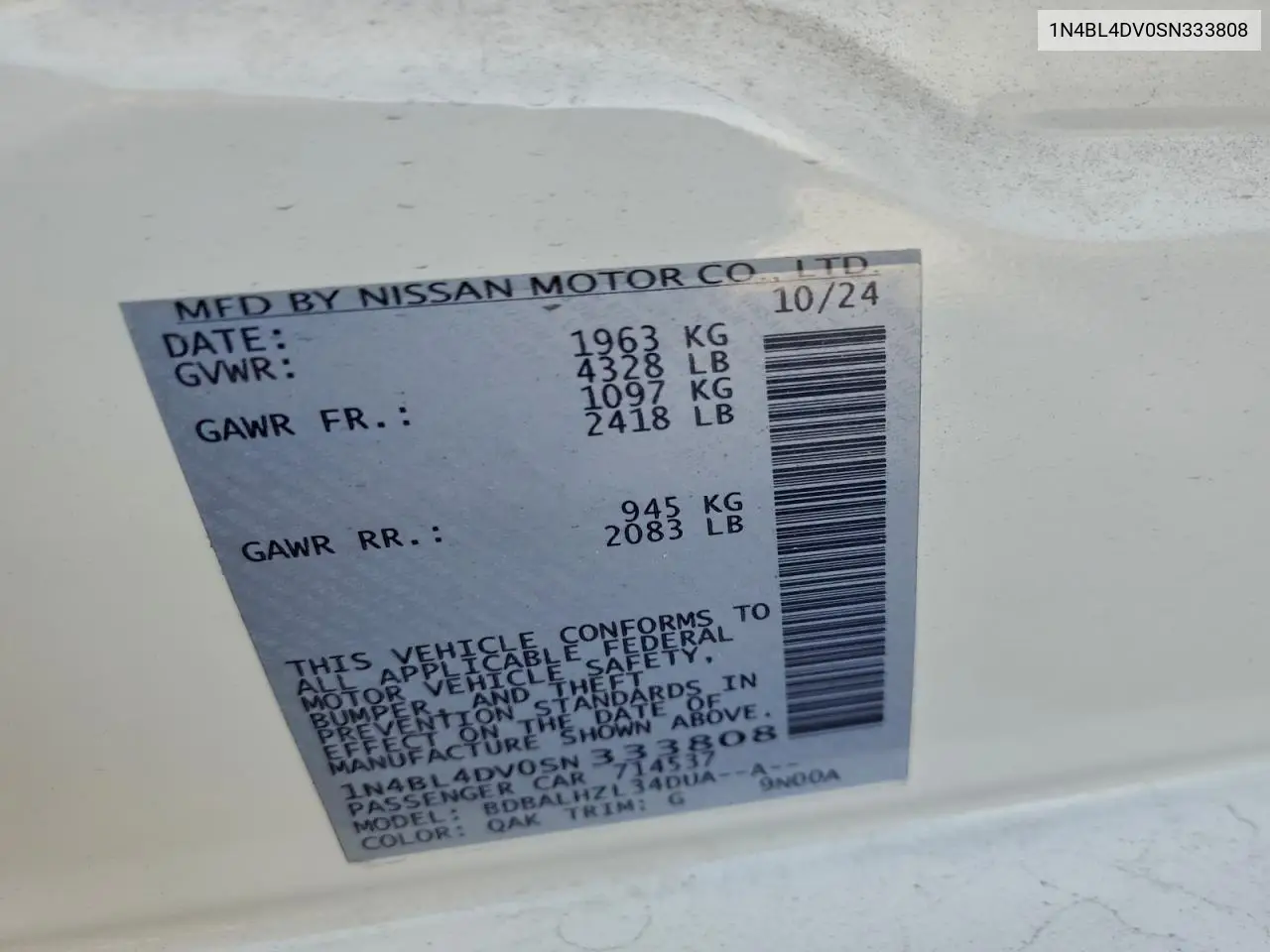 1N4BL4DV0SN333808 2025 Nissan Altima Sv