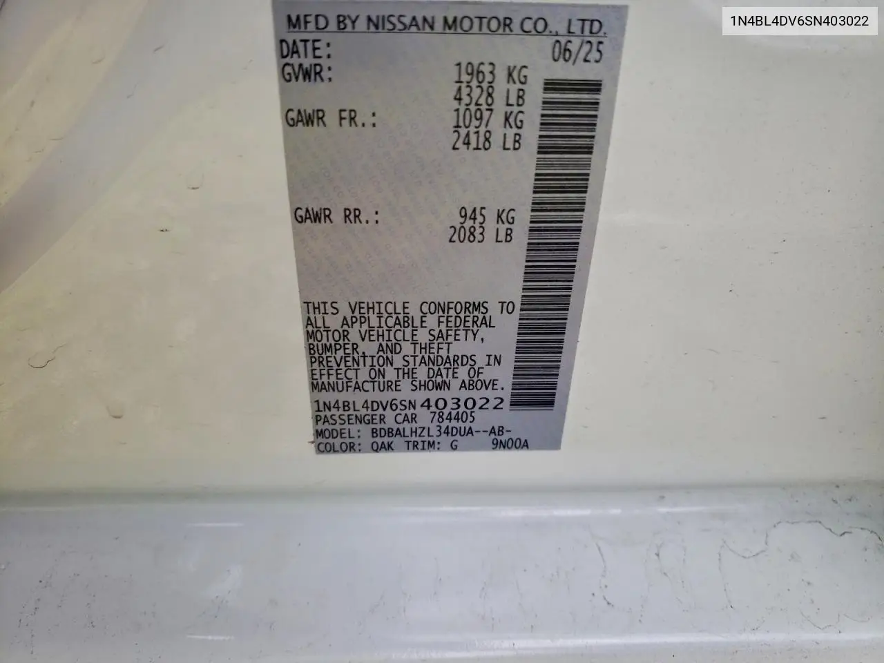 1N4BL4DV6SN403022 2025 Nissan Altima Sv