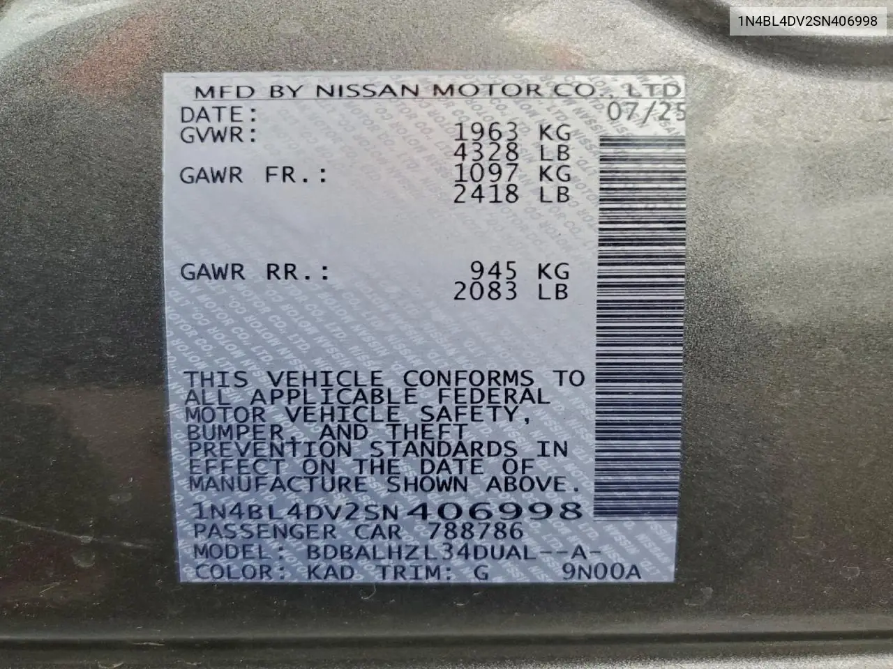 1N4BL4DV2SN406998 2025 Nissan Altima Sv